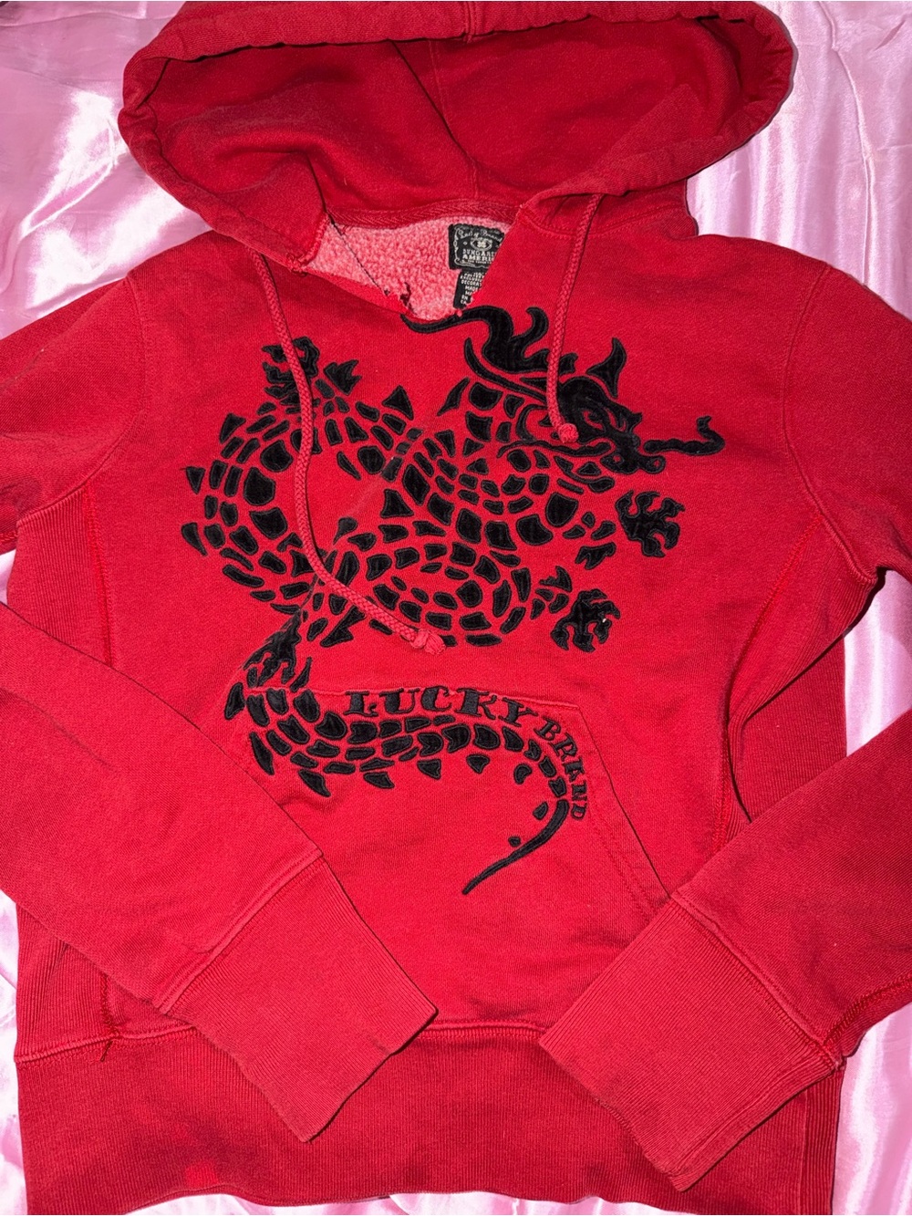 Vtg Y2K Lucky Brand Red Asian Dragon Embroidered Hoodie XS Tattoo Graphic Fitted